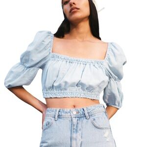 Zara Linen Cotton Blend Light Blue Puff Sleeve Crop Top Open Back XS Smocked